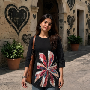 Hand-Painted Petal Black Kurti