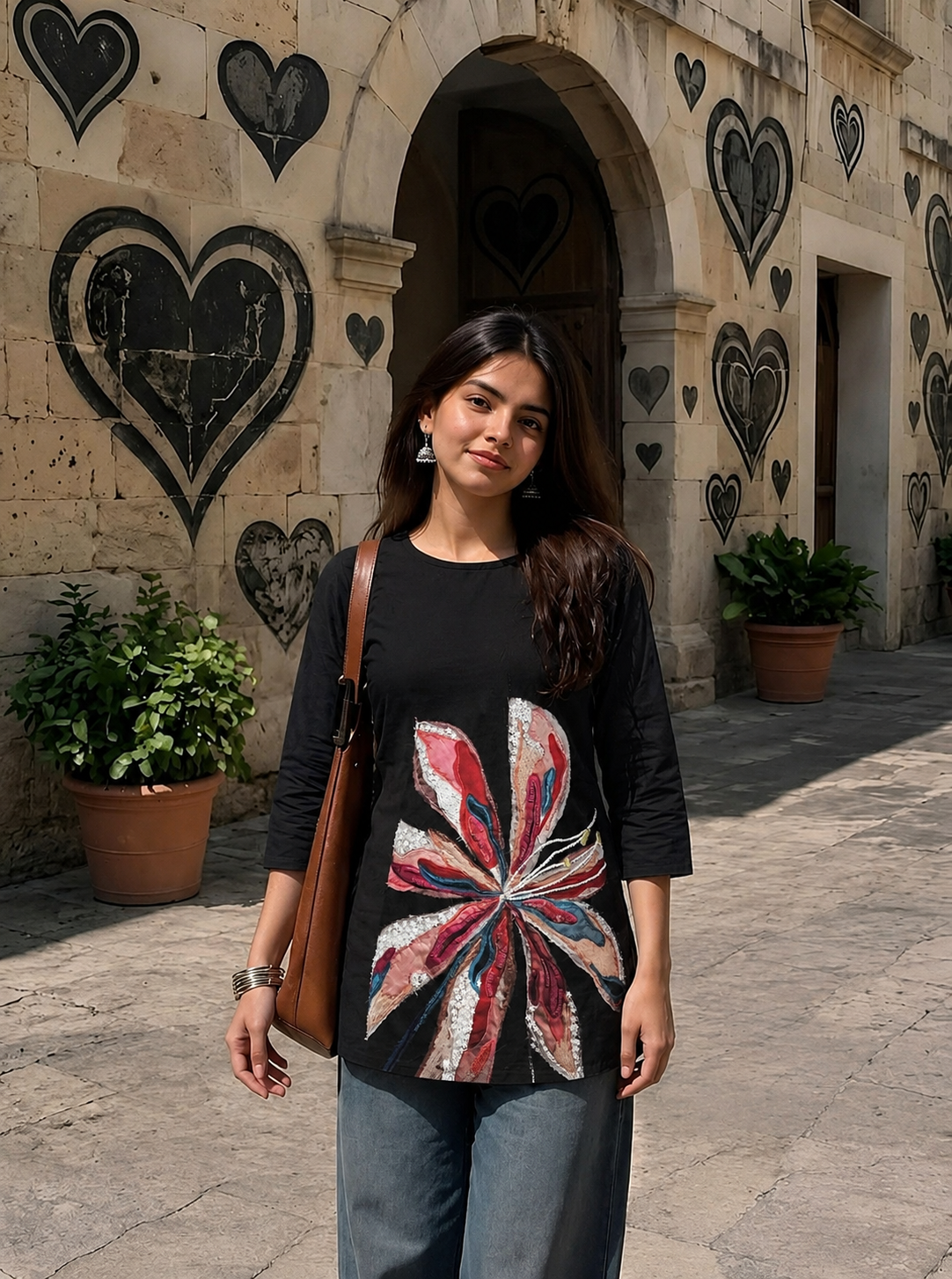 Hand-Painted Petal Black Kurti
